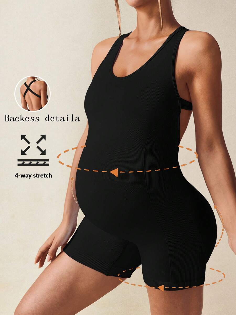 SHEIN Maternity Casual Solid Color Sleeveless Backless Romper For Summer,Word Cup - Black - View 1