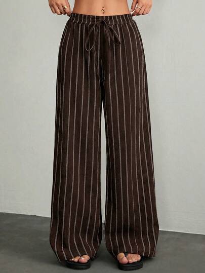 SHEIN PETITE Women's Casual Vintage Striped Loose Wide Leg Pants