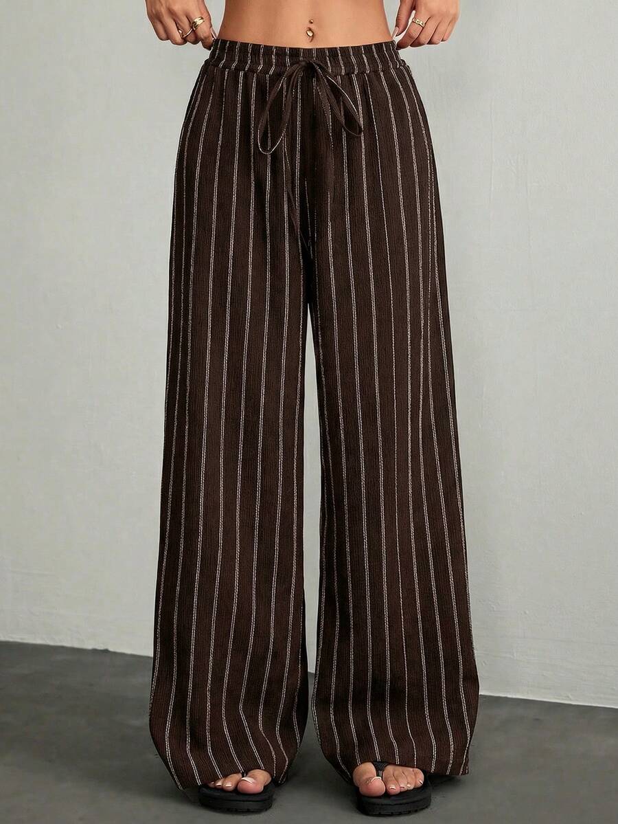 SHEIN PETITE Damen Lässig Vintage gestreifte weite Hose - Kaffeebraun - Übersicht 1