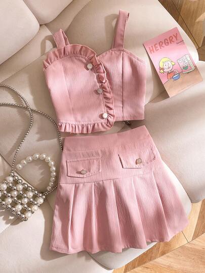 SHEIN 2件套女童夏季新款吊带V领修身假门襟花卉装饰衬衫和休闲百褶裙套装，粉色，时尚甜美，适合度假