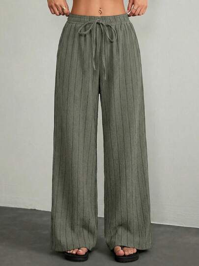 SHEIN PETITE Women's Solid Color Drawstring Waist Casual Loose Pants