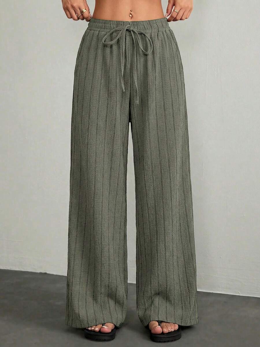 SHEIN PETITE Quần nữ dáng rộng, màu trơn, có dây rút ở eo, kiểu dáng thường ngày. - xanh quân đội - Xem 1