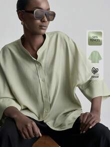 Ontre 2026春夏新款薄荷绿舒适柔软面料宽松七分袖优雅婚礼宾客衬衫，简约浪漫法式时尚奢华都市商务休闲办公装，低调复古高端通勤机场邮轮必备百搭季节性新娘衬衫 - 綠色 - 查看 2