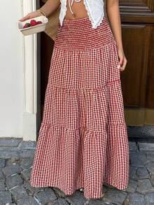 Sunnyshic Women's Elegant Casual Vacation Versatile Daily Wear Fashionable Plaid Fabric Waist Tie Cinched Waist Long Skirt, Spring/Summer - Multicolor - View 6