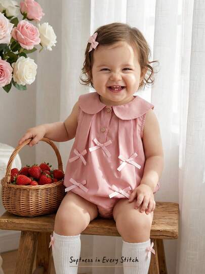 Cozy Pixies Baby Girl Decorative 3D Bow Collar Sleeveless Romper, Versatile & Comfortable Pink Bow Baby Dress Pink Cute Baby Girl Dress With Panty Baby Romper Dress Elegant Infant Baby Girl Clothes Baby Girls Clothing Summer Cotton