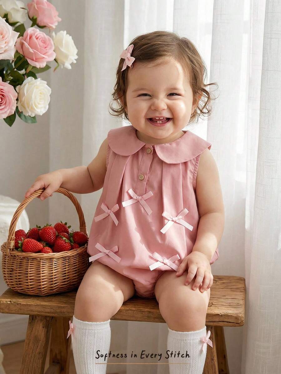 Cozy Pixies Baby Girl Pink Summer Cute Family Matching Decorative 3D Bow Collar Sleeveless Romper Dress Elegant Cotton Clothing With Panty - Pink - View 1