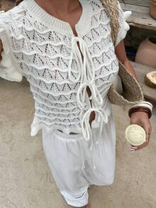 Sunnyshic Women's White Hollow Casual Ruffle Bow Tie Fashionable Versatile Summer Short Sleeve Thin Cardigan - White - View 1