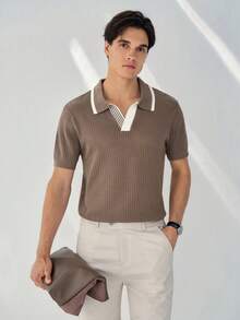 RONVEXI 男士休闲撞色领短袖针织上衣，春夏款 - 彩色 - 查看 1