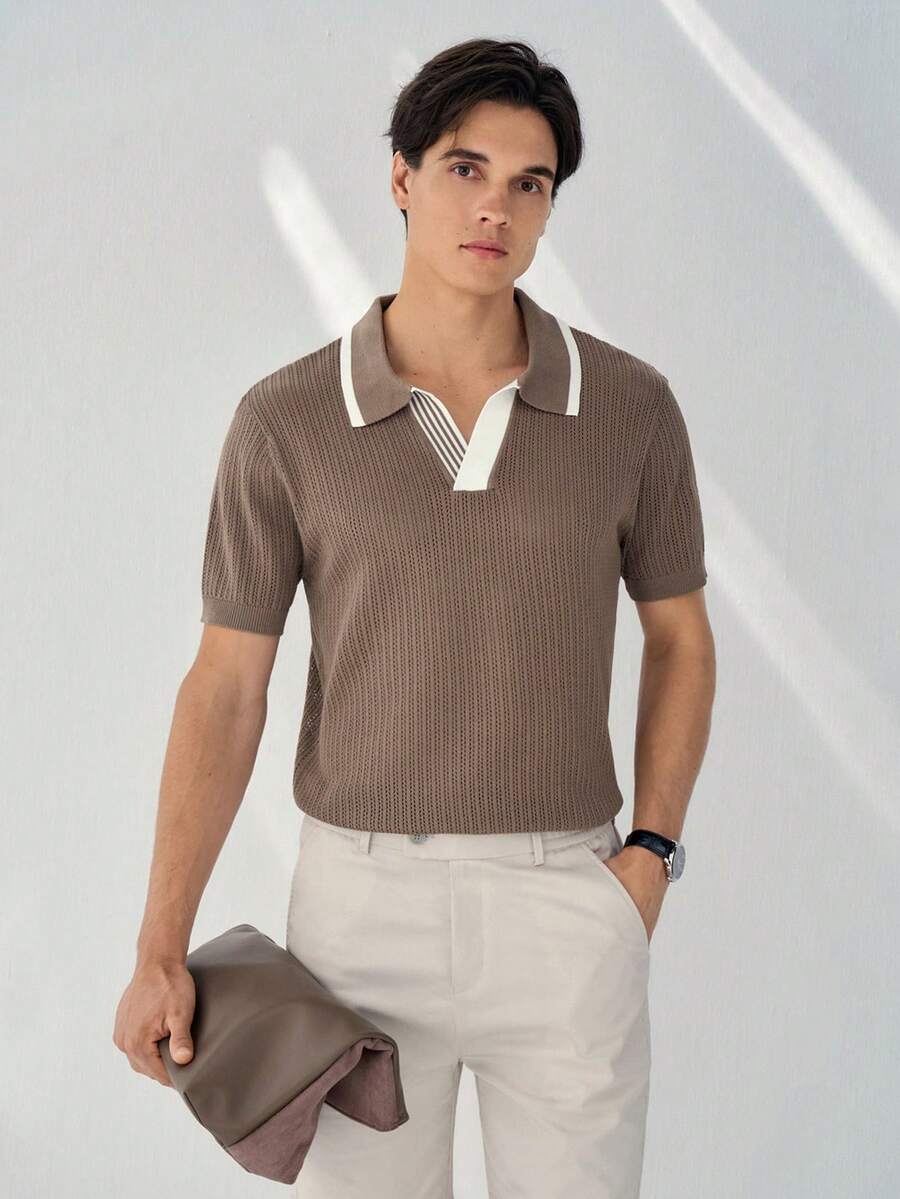 RONVEXI 男士休闲撞色领短袖针织上衣，春夏款 - 彩色 - 查看 1