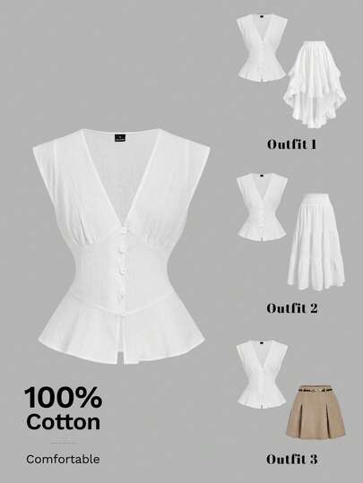 SHEIN MOD Camisa casual de mujer de unicolor con cuello en V, diseño de botones y mangas cortas