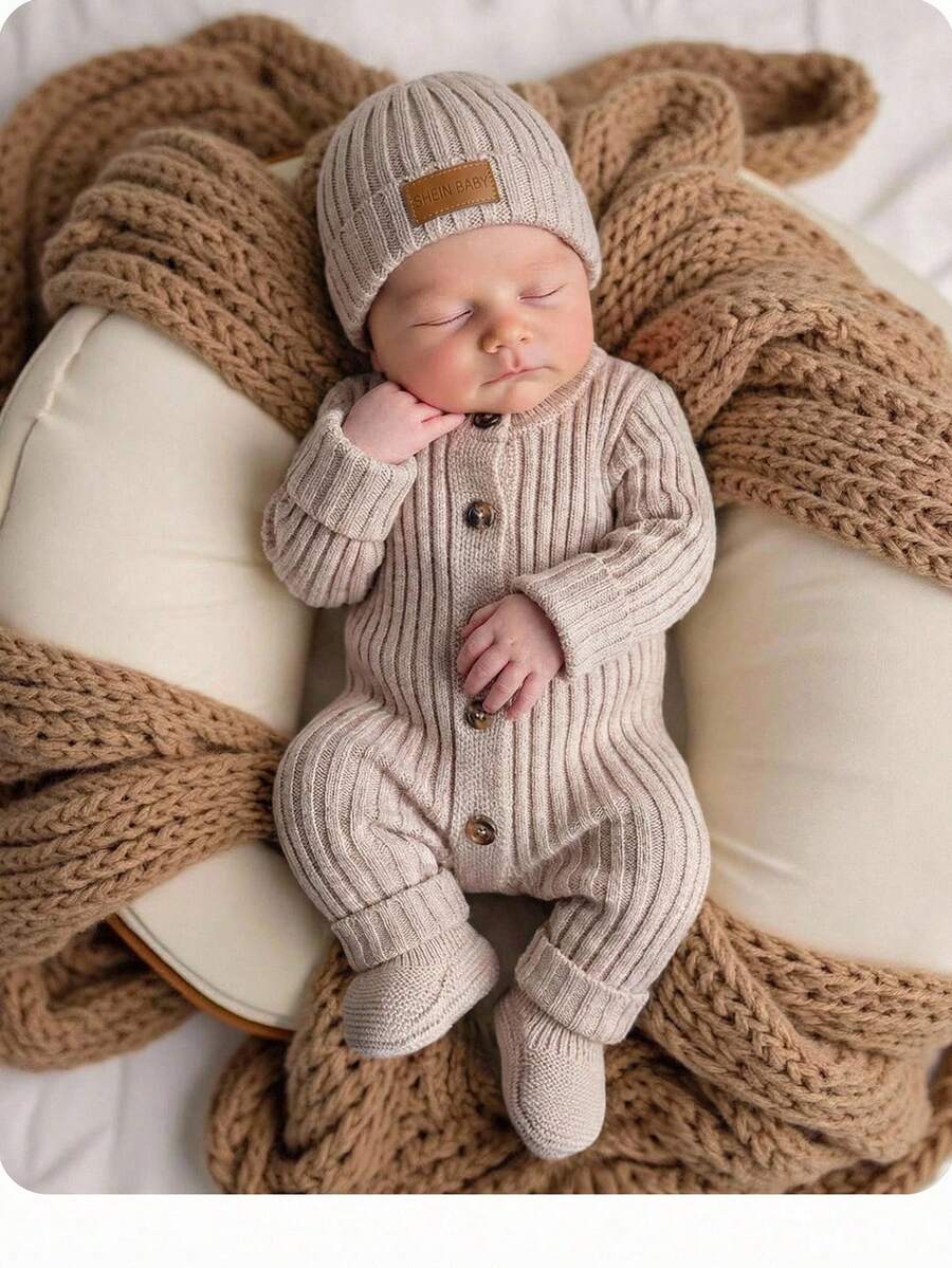 SHEIN Cozy Long Sleeve Newborn Button-Up Jumpsuit In Soft Striped Fabric Newborn Knit Outfit Boy Newborn Outfit Photoshoot Boy Neutral Newborn Baby Clothes Newborn Sweater Romper Newborn Knit Romper,In Fall/Winter - Camel - View 1
