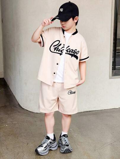 2pcs/Set Boys' Casual City Letter Print Baseball Jacket & Short Sleeve Shirt Set, Suitable For Daily, Commute, Leisure And Sports Wear