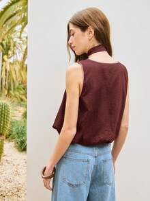 Nöista S Sleeveless Elegant Blouse With Chinese-Style Knot Buttons And Scarf Neck Detail. Lightweight, Refined Design With A Relaxed Silhouette, Perfect For Elegant Outfits, Going Out Looks, Valentine's Day Styling, Spring And Summer Outfits, Or Chic Everyday Wear. - Burgundy - View 2