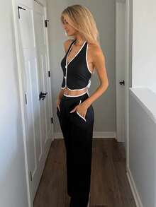 Sydney Algeri 2 件套通勤女士纯色短款无袖上衣和裤子套装 - 黑色 - 查看 5