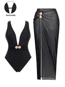 Swim Oasis 2026 Nouveau Maillot de bain une pièce/deux pièces d'été pour femmes, élégant, Top de gamme, avec décoration en métal noir unicolore, dos nu sexy à encolure en V profond, taille cintrée, sans manches, fendu, pour vacances à la plage - Noir - Voir 1