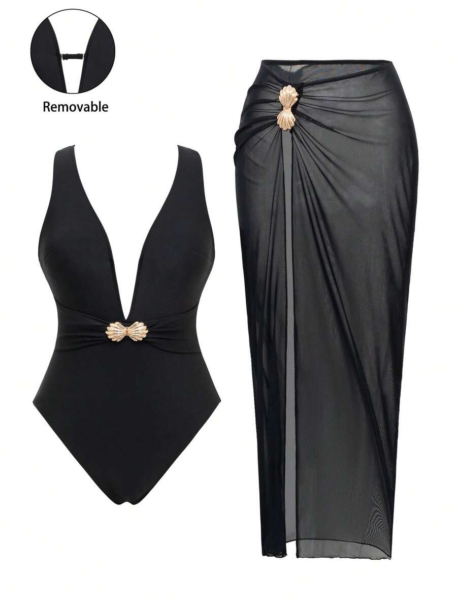 Swim Oasis 2026 Nouveau Maillot de bain une pièce/deux pièces d'été pour femmes, élégant, Top de gamme, avec décoration en métal noir unicolore, dos nu sexy à encolure en V profond, taille cintrée, sans manches, fendu, pour vacances à la plage - Noir - Voir 1