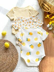 SHEIN Vintaside Kids 女婴可爱印花圆领短袖连体衣，夏季 - 黃色 - 查看 2