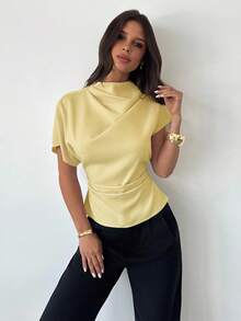 Firerie Wrinkled Collar Asymmetrical Sleeve Side Ruched Cinched Waist Commuter Apricot Bamboo Fiber Linen Blouse For Women, All Season - Light Yellow - View 7