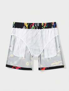 Manfinity Swimmode 男士夏季度假越野车印花抽绳腰宽松沙滩短裤 - 黑色 - 查看 3