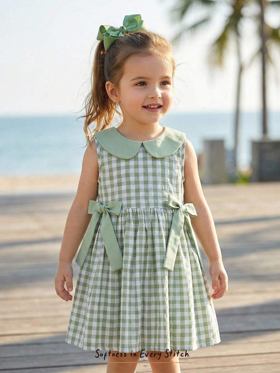 Cozy Pixies 女童格子图案翻领无袖束腰连衣裙，百搭舒适 - 綠色 - 查看 1