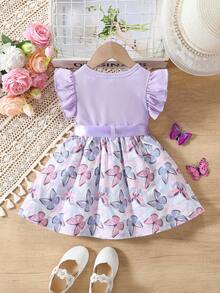 SHEIN 女婴休闲日常百搭可爱蝴蝶印花连衣裙，配腰带，适合外出穿着 - 紫色 - 查看 2