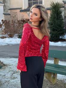 Jeta Ari Women's Long Sleeve Backless Sequin Fashionable Plunging Neck Fitted Flare Sleeve Top Red Sequin Top Dark Red Top Sparkle Top Glittery Top - Red - View 2
