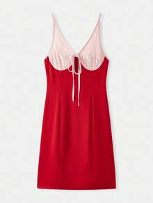 lacRébo Pink And Red Contrast Satin Mini Dress With Tie Front Detail Fall Women Clothes Autumn Winter - Red - View 6