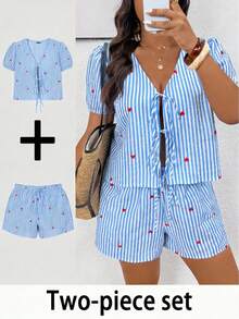 SHEIN Frenchy Women's Blue And White Deep V Neck Puff Short Sleeve Blouse And Shorts Set Plus Size Summer Vacation Coords Outfit Beach Vacation Cute - Blue - View 7