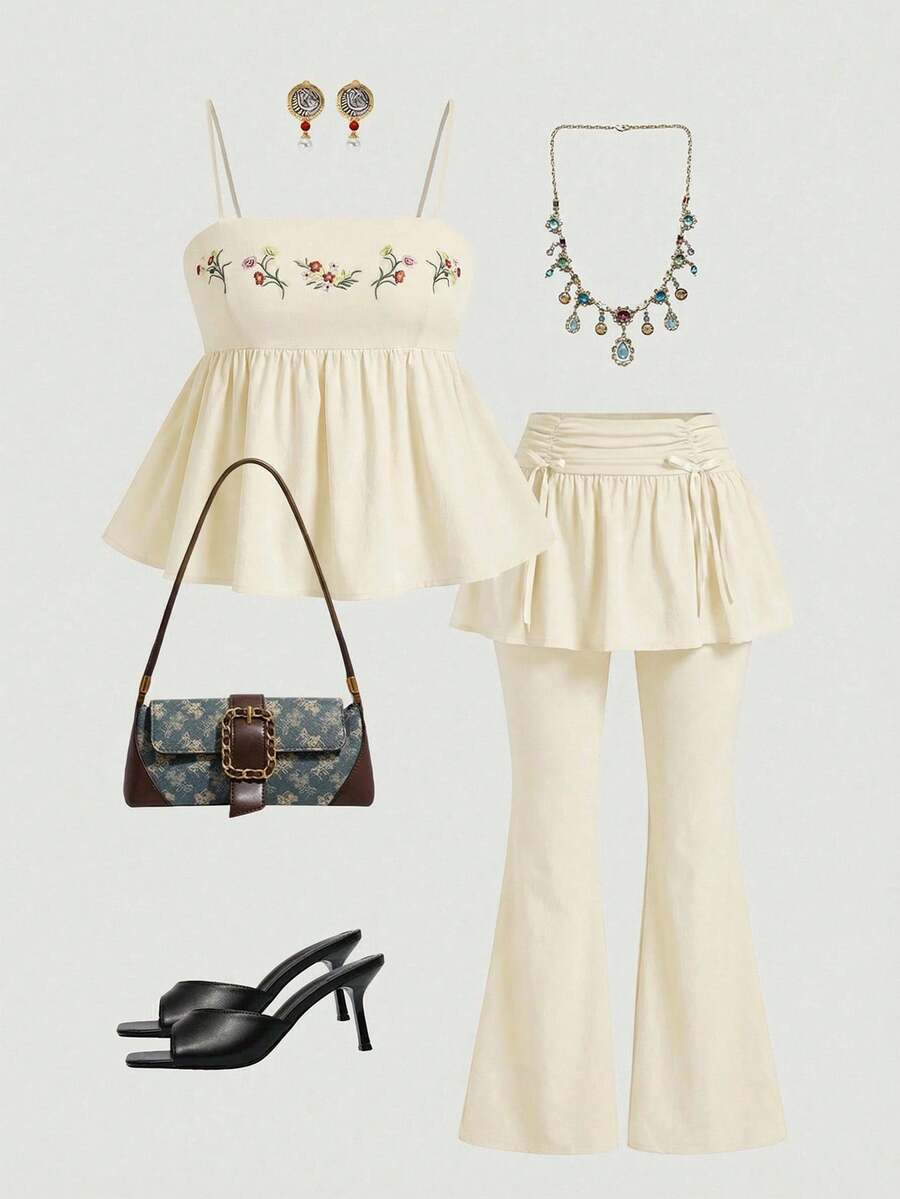 SHEIN MOD 加大码黑色刺绣蕾丝复古度假风刺绣女式吊带背心 - 白色 - 查看 1