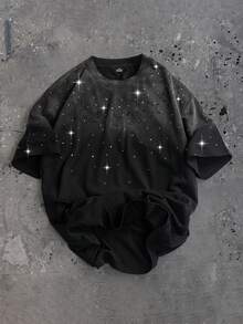 SLATEMANN 男士休闲时尚街头日常通勤字母星形刺绣渐变水洗水钻T恤，夏季 - 黑色 - 查看 1