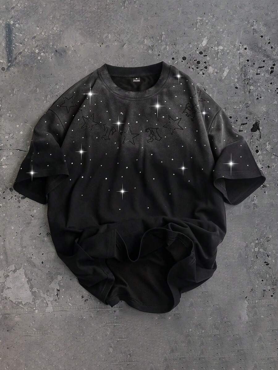 SLATEMANN 男士休闲时尚街头日常通勤字母星形刺绣渐变水洗水钻T恤，夏季 - 黑色 - 查看 1