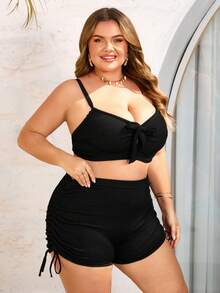 SHEIN CURVE+ Plus Size Women's Black Drawstring Tankini Swimwear Set, Beach Holiday - Black - View 3