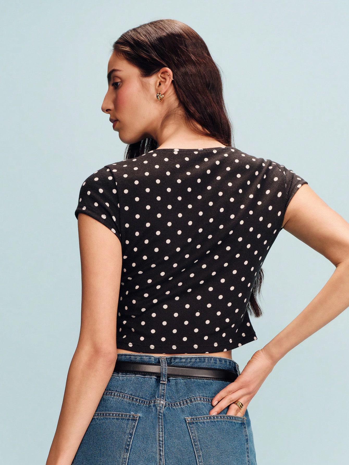 Polkatdot Stretchy Tee With Open Neckline And Bows Detail Chic Top Spring Summer Vacation French Style Parisian Style Black And White Top