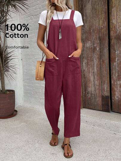 EMERY ROSE Women Minimalist Straight Leg Jumpsuit With Dual Pockets Women Overalls Korean Fashion