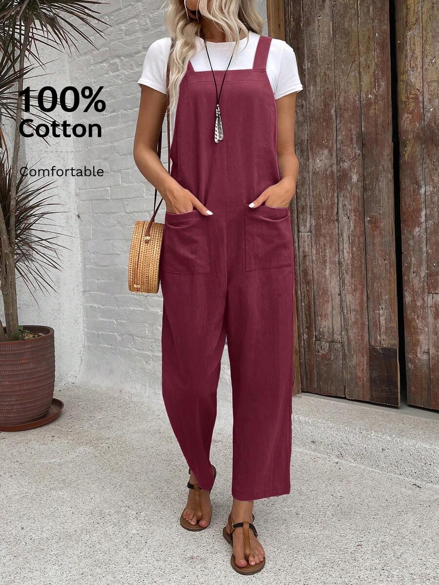 EMERY ROSE Women Minimalist Straight Leg Jumpsuit With Dual Pockets Women Overalls Korean Fashion - Burgundy - View 1