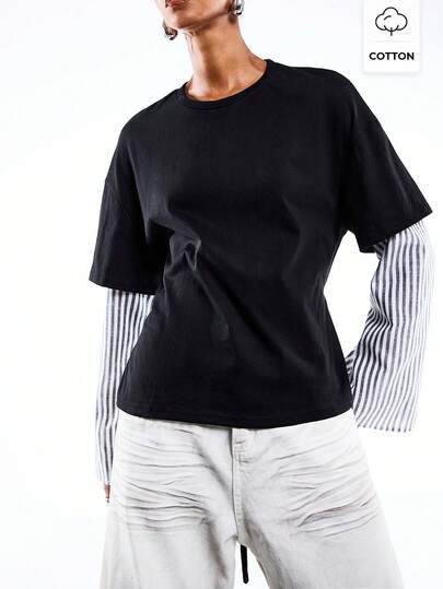 LYSMO 女士条纹拼接收腰长袖休闲T恤