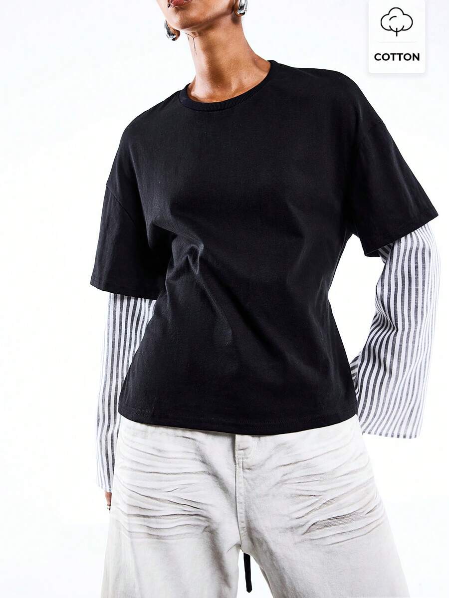 LYSMO 女士条纹拼接收腰长袖休闲T恤 - 藏蓝色 - 查看 1