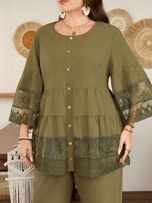 Lacomfia Plus Size Women's Lace Trim Patchwork Blouse Top,Army Green,Summer,Country,Tropical,Tea Party, Al-Adha,Round Neck Long Sleeve Button Front Outfits - Army Green - View 7