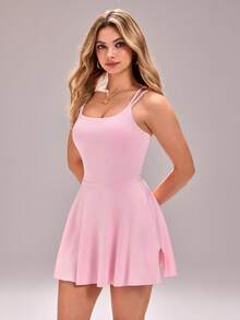 Gameset SHEIN Sport Sovereign Charm 女士休闲纯色无袖优雅连衣裙网球裙运动裙带内置短裤女士网球裙运动裙健身裙运动网球裙带短裤运动裙 - 粉色 - 查看 4
