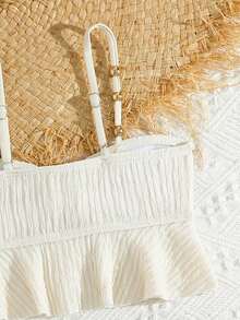 SHEIN Set de 2 trajes de baño de unicolor lindos para chica joven, traje de baño de playa de verano - Albaricoque - Ver 4