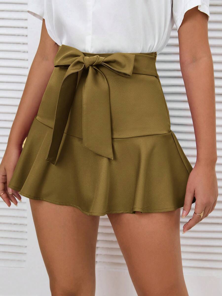 EMERY ROSE Women's Casual Solid Color Ruffle Hem Skirt, Summer - Army Green - View 1