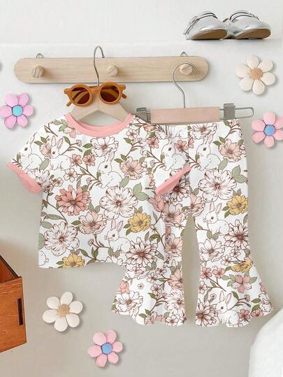 1 Set Baby Girls' Casual Cute Floral & Rabbit Print Round Neck Short Sleeve T-Shirt And Knitted Bell-Bottom Pants Outfit, Spring To Summer Wear, Easter Outfit