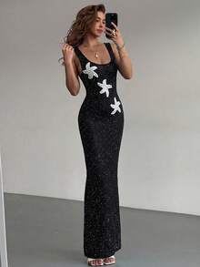 Aloruh Spring & Summer Vacation Sequin Starfish Mesh Tight Fitted Dress With Square Neckline - Black - View 4