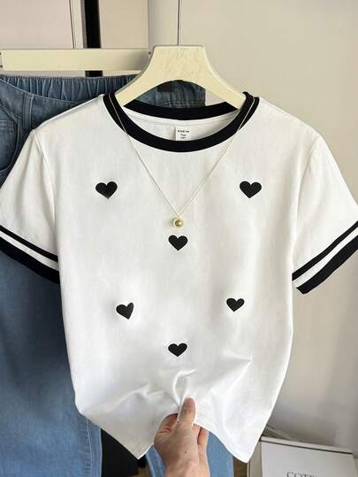 Teen Girls Heart Love Print Graphic Loose Casual Contrast Block Color Strip Round Neck T-Shirt Top