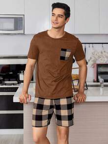 Snug Zone Conjunto de camisa de manga corta a cuadros y pantalones cortos con cordón, ropa de verano para hombre - Café integral - Ver 4