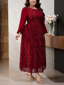 Modelyn Plus Size Women Floral Jacquard Round Neck Lantern Sleeve Elegant Dress Fall - Burgundy - View 8
