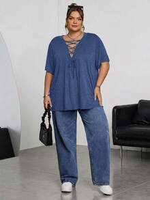 SHEIN CURVE+ Plus Size Solid Color Deep V-Neck Criss-Cross Casual Short Sleeve T-Shirt - Navy Blue - View 5