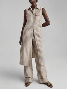 Ontre 2025新款乡村音乐节，舒适休闲风，条纹编织，棕色，无袖，贴袋，长款衬衫，女士衬衫，日常穿着，四季皆宜，舒适休闲装，休闲装，商务休闲女装，低调复古风，高品质精致美学，都市通勤，高端机场时尚 - 棕色 - 查看 9