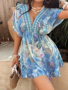 Sunnyshic Women's Casual Vacation Daily Versatile Fashion Paisley Print Batwing Sleeve Chiffon Mini Dress, Summer - Baby Blue - View 1