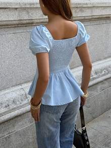 Pariaura 女士性感优雅蓝色衬衫，低领，简约时尚衬衫，褶皱下摆，后背收褶衬衫 - 淺藍色 - 查看 2